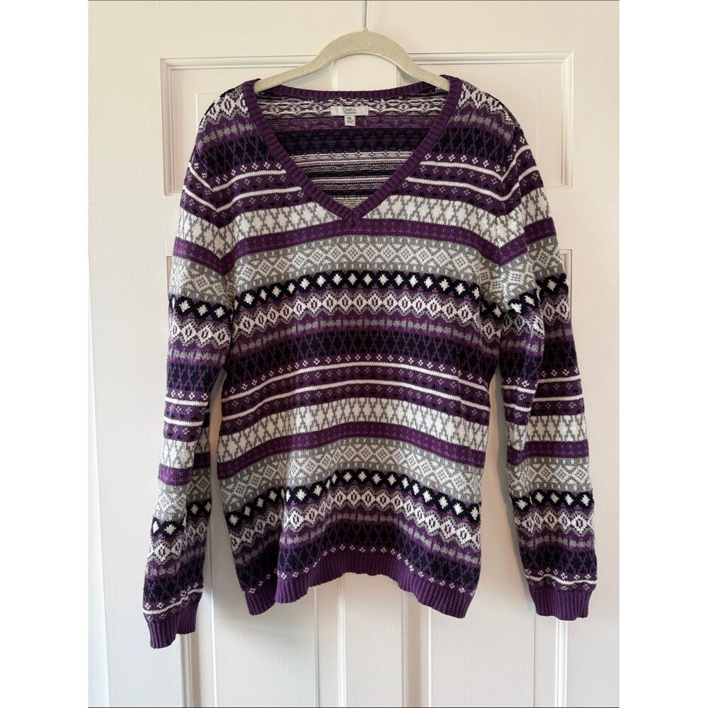 V-Neck Fair Isle Sweater in Purple and Gray Cotton Women’s XXL